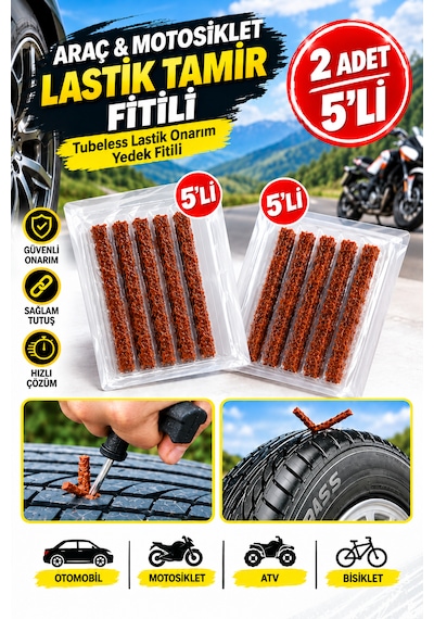 2 Adet 5'li Araç Motosiklet Lastik Tamir Fitili Tubeless Oto, Atv Ve Bisiklet Lastik Onarım Fitili