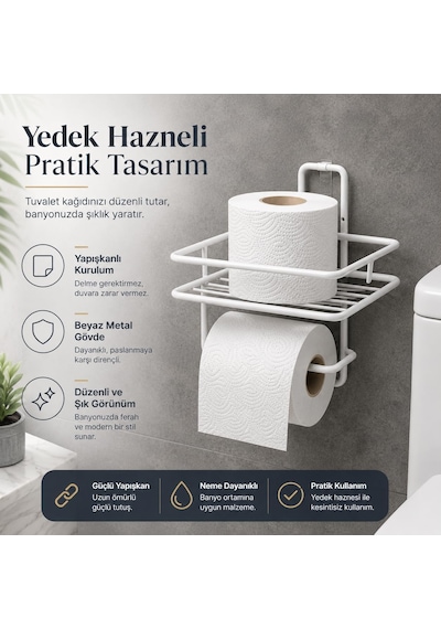 Yapışkanlı Beyaz Tuvalet Kağıtlığı, Yedek Rulo Hazneli Wc Kağıtlık, Duvar Tipi Banyo Tuvalet Kağıdı Askısı, Delmeden Kolay Kurulumlu Banyo Düzenleyici Diğer