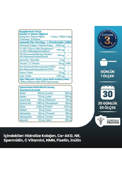 Vitalux Hidrolize Kolajen Tozu 10.000 Mg Nmn, Nr, Fisetin, Spermidin Ve Ca-akg + C Vitamini İçeren Longevity Kolajen