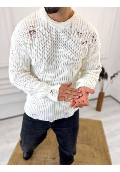 Elku Moda Kazak Oversize Yırtık Detaylı Lazer Kesim Tüylenmez Naturel Pamuk Rahat Kesim Salaş Kazak 001