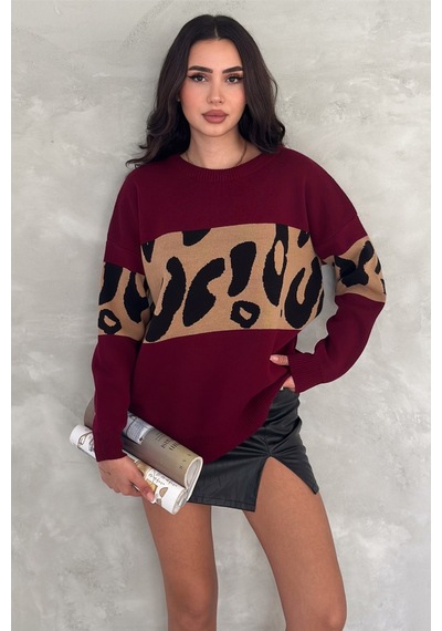 Femelle Kadın Bordo Standart Beden Leopar Desen Oversize Triko Kazak