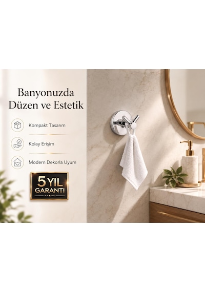 Bornoz Havlu Askısı, 304 Paslanmaz Çelik, Krom Kaplama İkili Askılık, Yapışkanlı Ve Vidalı Montajlı, 5 Yıl Garantili Banyo Aksesuarı Cok Renkli