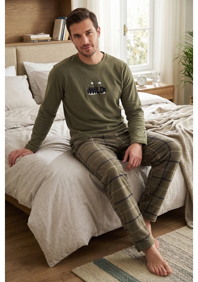 Buratti Ekoseli Bisiklet Yaka Yumuşak Dokulu Polar Pijama Takımı Erkek Pijama Takımı 6097064 Haki