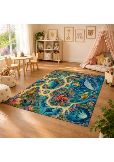 Kartela Halı Okyanus Keşfi Çocuk Oyun Halısı Kaymaz Dot Taban Yıkanabilir 180 X 270 Cm