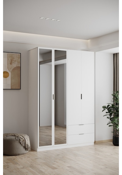 Evdemo Yakut Aynalı 4 Kapaklı 2 Çekmeceli Gardırop 210 Cm Beyaz