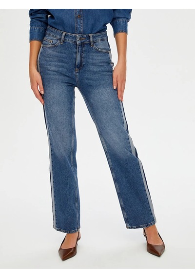 Faik Sönmez Kontrast Bant Detaylı Wide Leg Fıt Kadın Jean Pantolon W26jpn004 İndigo