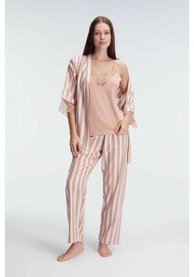 Anıl 5821 İp Askılı V Yaka Kadın Viskon Çizgili Desenli Yazlık Örme Sabahlıklı Pijama Takım Kahve