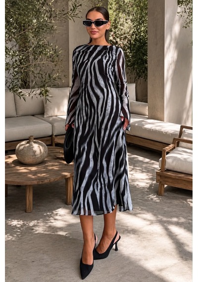 Madmext Gri Zebra Desenli Şifon Midi Elbise Mg2854