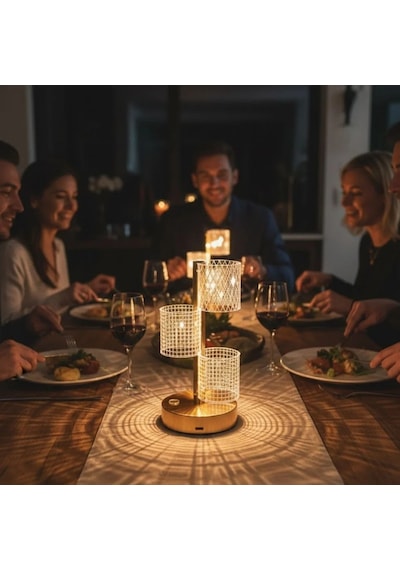 3 Parça Silindirik Kristal Ekose Kareli Led Masa Lambası Gold Gövdeli, Dokunmatik, 3 Kademe Işık Ayarlı Şarjlı Dekoratif Lamba Çok Renkli