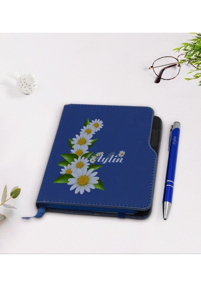 Kişiye Özel Papatya Temalı Lacivert Termo Deri Defter Kalem Seti- N11.138