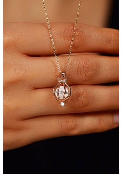 Roza Silver Zirkon Taşlı Rose İncili Kafes Gümüş Kolye