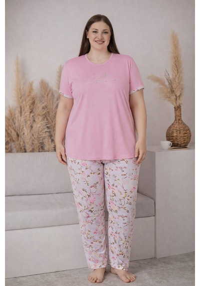 Pemilo Kadın Büyük Beden 2005-4 Kısa Kol Likralı Pijama Takımı Pembe