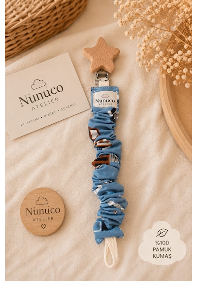 Nunuco Atelier El Yapımı Emzik Askısı %100 Pamuk Kumaş Bpa İçermez Klips Güvenli Emzik Tutucu Açık Mavi