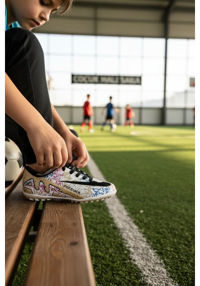 Modayak Walked Flet Beyaz & Siyah Çorapsız Halı Saha Krampon Futbol Ayakkabısı Beyaz