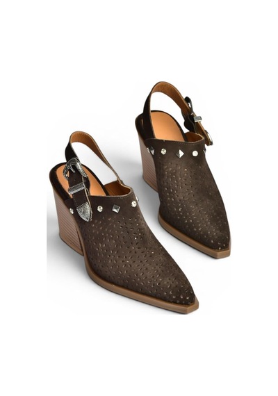 Fox Shoes Y654329102 Kahverengi Hakiki Deri Süet Zımba Detaylı Western Topuklu Ayakkabı