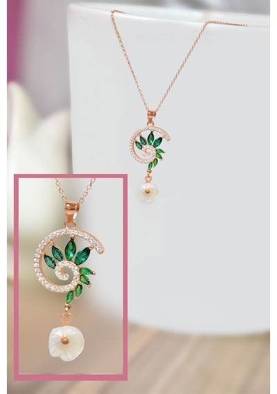 Papatya Silver 925 Ayar Gümüş Rose Kaplama Yeşim Taşı Tasarım Sedef Manolya Çiçeği Kolye