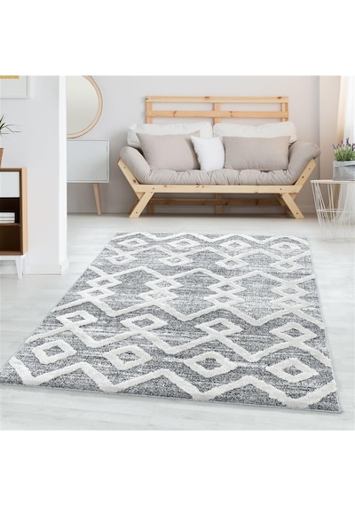 Yumuşak Bukle Tabanlı Modern Kabartmalı 3d Inka Motif Desenli Gri Renkli Halı