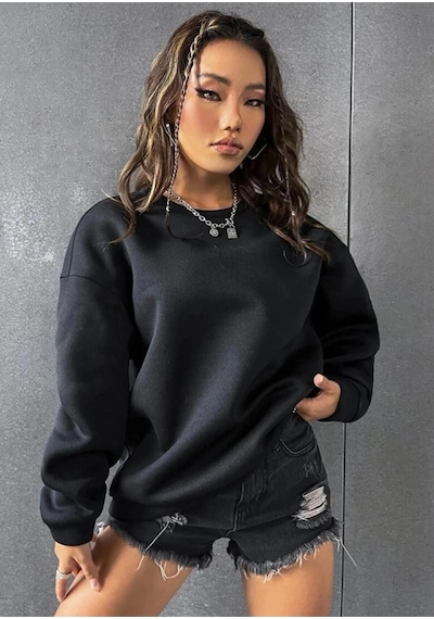Tarzsokak Siyah Oversize Brooklyn 1898 Baskılı Bisiklet Yaka Kapşonsuz Pamuklu Sweatshirt