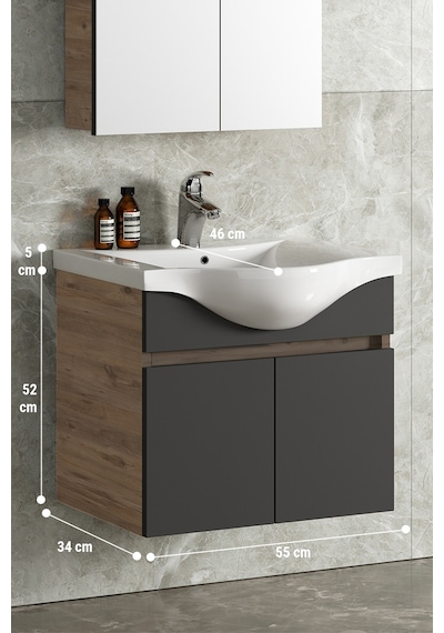 Yıldız 55 Cm Atlantik Çam-Antrasit Gri Mat Mdf Seramik Lavabolu A Antrasit - Atlantik Çam