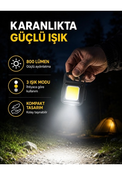 Mey İthalat Şarjlı Cob Led Anahtarlık Fener 4 Modlu, Manyetik Ve Katlanabilir Standlı Yeni Nesil