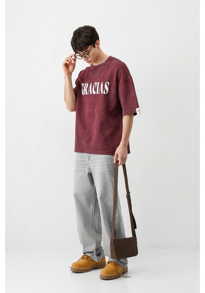 Vamos Oversize Baskılı Tişört V70-143 Bordo