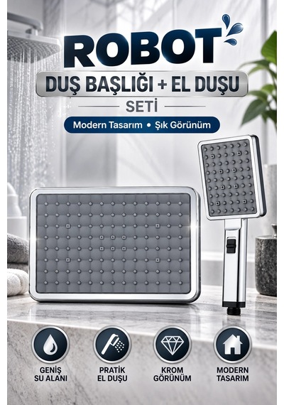 Domino Robot Duş Başlığı + El Duşu Seti Krom Görünümlü Modern Duş Seti Çok Renkli