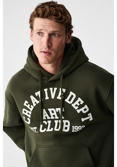 Grımelange Cassıan Erkek Önü Kabaran Baskılı Kapüşonlu Kordonlu Kanguru Cepli Haki Sweatshirt Haki
