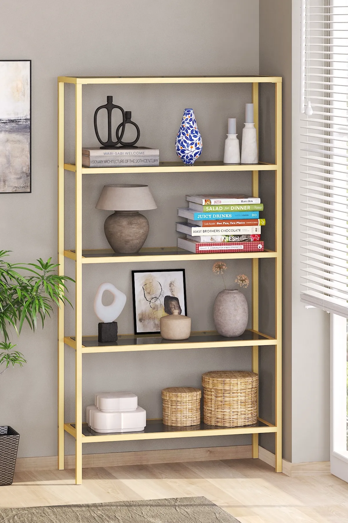 Modern 5 Katlı Metal İskeletli Cam Raflı Aksesuar Rafı Kitaplık Gold-füme Modern 5 Katlı Metal İskeletli Cam Raflı Aksesuar Rafı Kitaplık Gold-füme