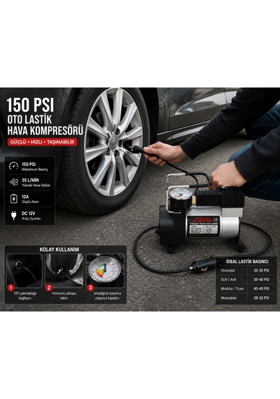 150 Psı 35 L/dk Oto Lastik Hava Kompresörü, 12v Taşınabilir Lastik Şişirme Pompası, Manometreli, Otomobil Motosiklet Bisiklet Ve Top