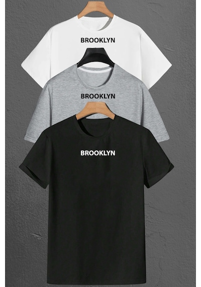 Brooklyn Baskılı Unisex Oversize 3'lü T-shirt Paketi Beyaz
