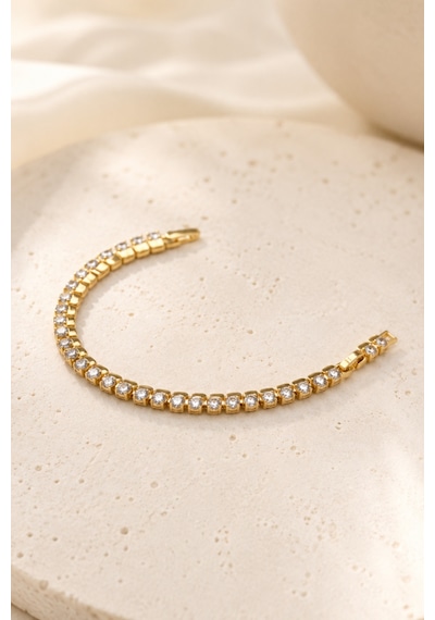 Balenbi Jewelry Kadın Yuvarlak Taşlı Tenis Model Kararmaz Çelik Bileklik 14k Gold Renk 1138 Altın