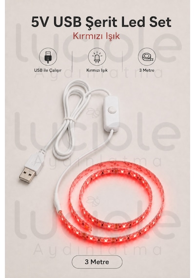 3 Metre 5v Usb Kırmızı Şerit Led Aç Kapa Anahtarlı Gaming Tv Masa Raf Araç Dekoratif Led