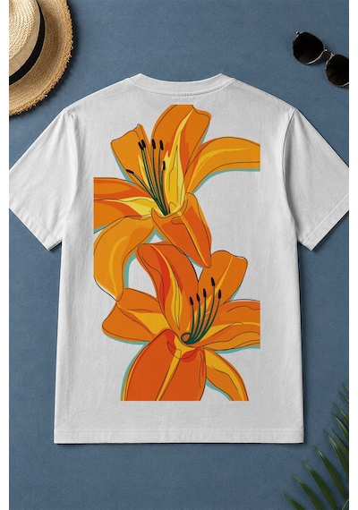 Spoyi Orange Lily Tasarımlı %100 Pamuk Yarım Oversize Beyaz T-shirt