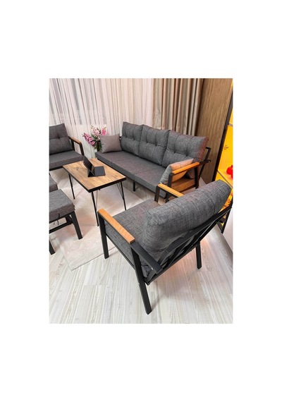 Houseart Balkon, Bahçe - Metal Kanepe Koltuk Takımı 3+1+1 + 2 Adet Puf + Sehpa Gri