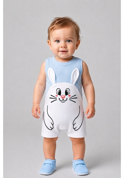 Babyden's Erkek Bebek Tavşan Desenli Yazlık Tulum Fitilli Pamuklu Kolsuz Bebek Tulumu Çıtçıtlı Romper 0-9 Ay Mavi