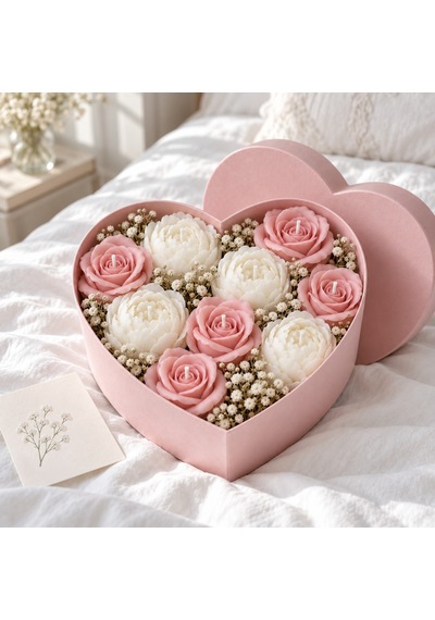 Pudra Ve Beyaz Gül Mum Buketi Kalp Kutu Pembe