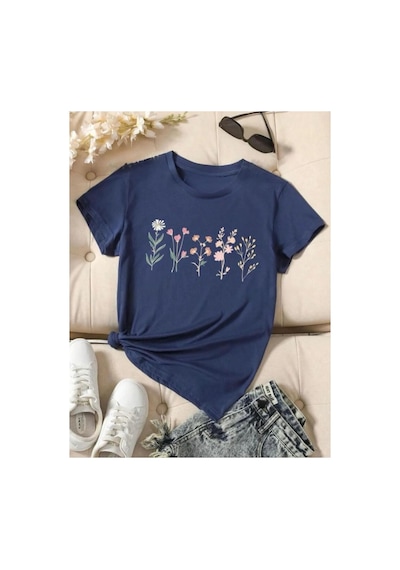 Medinenur Lavanta Desen Baskılı Basic T-shirt Lacivert