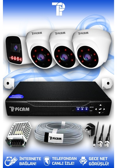Picam 4 Kameralı Zebra 3 İç Kamera Set Hdd'siz 5 Mp 2k Net Gece Görüşlü Güvenlik Kamerası Sistemi