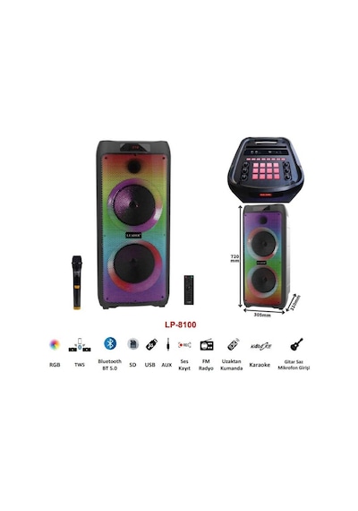 Leader LP-8100 8 incx2 RGB Taşınabilir Ses Sistemi