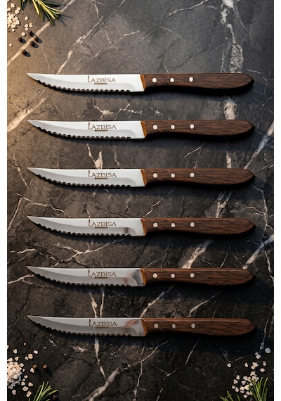 Lazbisa Mtf-058 Hand Craft Serisi Setak Et Bıçağı 6 Lı Mutfak Bıçak Restoran Et Steak Bıçak Ahşap