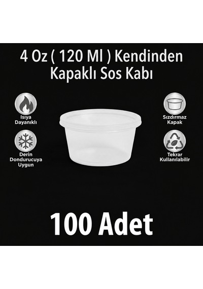 4 Oz 120 Ml, 100 Adet, Sıkı Ve Sızdırmaz Kendinden Kapaklı/sert Plastik Sosluk - Kemik Suyu Ve Sos Kabı Şeffaf