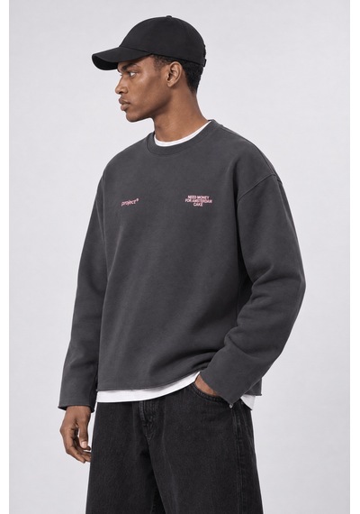 Respire Erkek Cake Baskılı Pis Dikiş Detaylı Oversize Sweatshirt Füme