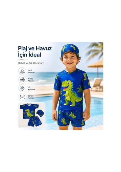 Rony Pony Kids Erkek Çocuk Dinozor Desenli Mayo Takımı 3 Parça Uv Korumalı Tişört Şort Bone Mavi Yeşil Rony Pony Kids Erkek Çocuk Dinozor Desenli Mayo Takımı 3 Parça Uv Korumalı Tişört Şort Bone Mavi Yeşil