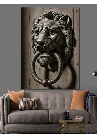 Ahşap Tablo Aslan Başlı Kapı Tokmağı
