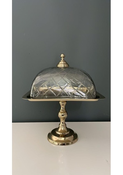 Lamedore Kare Ayaklı Cam Kapaklı Kek Standı Gold 24x24x35 Cm