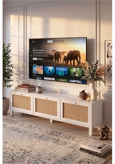 Dune Tv Ünitesi Sehpası Ahşap Ayaklı 3 Ahşap Jüt Kapaklı 180cm Beyaz-jüt Dn2-wj