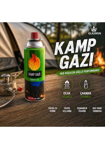 1 Adet Kamp Gazı Gaz Tüpü Portatif Ocak Kartuşu Tek Kullanımlık Pürmüz 400 Ml 227 Gr Yeşil