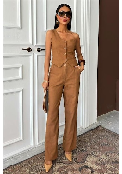 Moderie Butik Tek Omuz Büstiyer Plazzo Pantolon Viscon Takım 10159 Kahverengi
