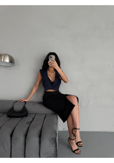 Zeo Basic Yırtmaçlı Midi Boy Likralı Jean Etek Siyah+Füme