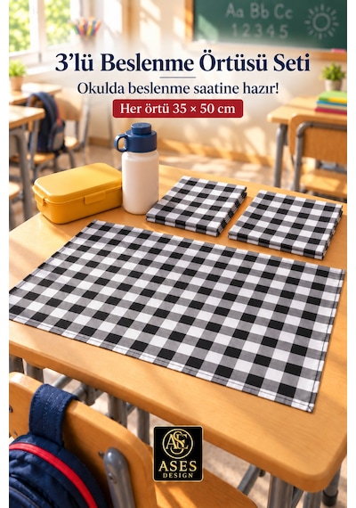 3 Lü Set Yıkanabilir Beslenme Örtüsü 35x50 Cm Siyah Beyaz Kareli - Anaokulu Ve İlkokul